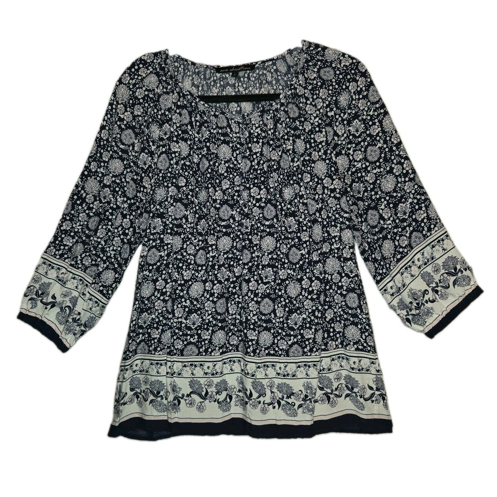 Ava Christine Floral Peasant Blouse Womens Large Blue Boho Tunic Top Cottagecore